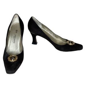 Vintage St. John Heels Gold Heel Toe Emblem Brown Suede Size 7.5 AAAA Narrow